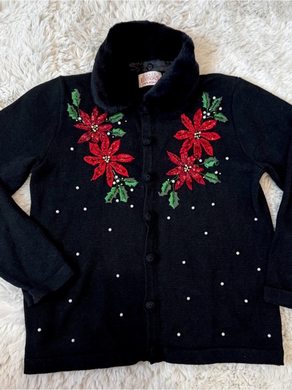Vintage Basic Edition Holiday Ugly Christmas Sweater Removable Fur Collar SZ S